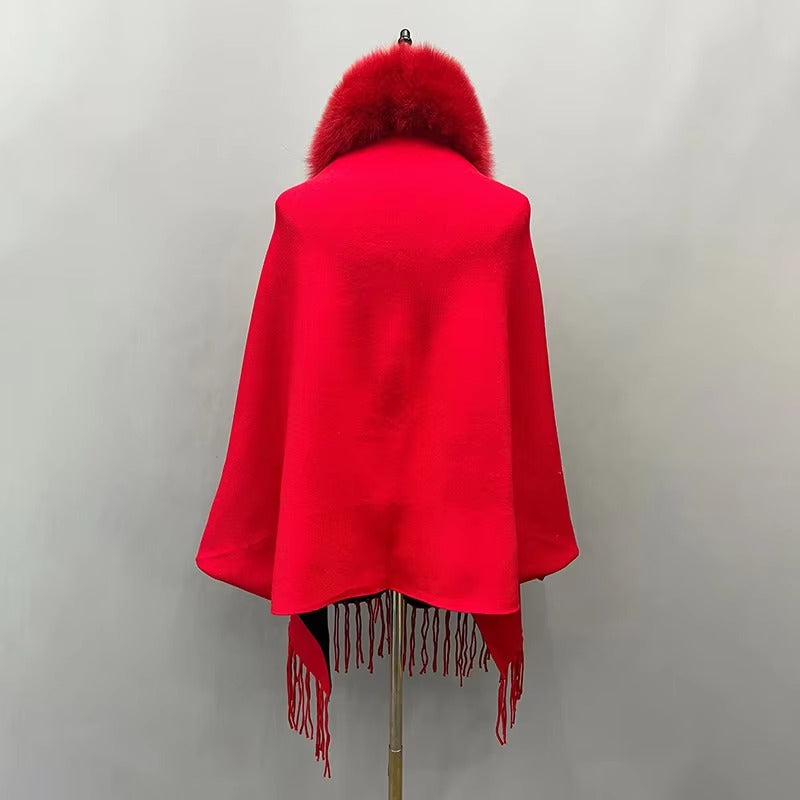 Elegant Fox Fur Collar With Tassels Shawls Knitted Street wear Poncho Capes