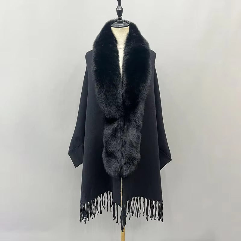 Elegant Fox Fur Collar With Tassels Shawls Knitted Street wear Poncho Capes
