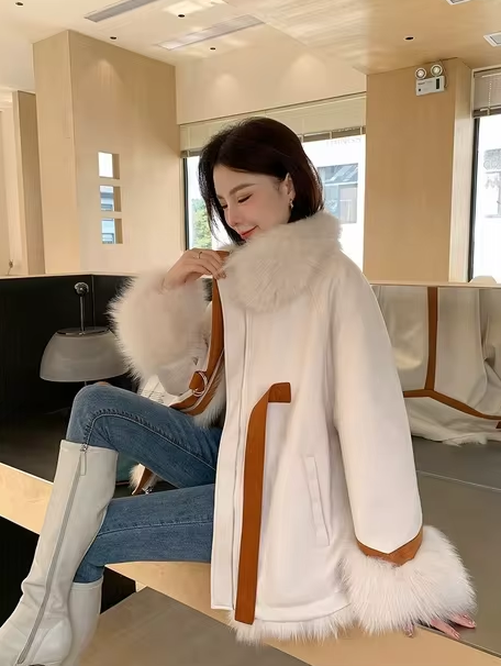 Elegant Fox Fur Grass Full Sleeve Patchwork Pockets Design High Street Coats