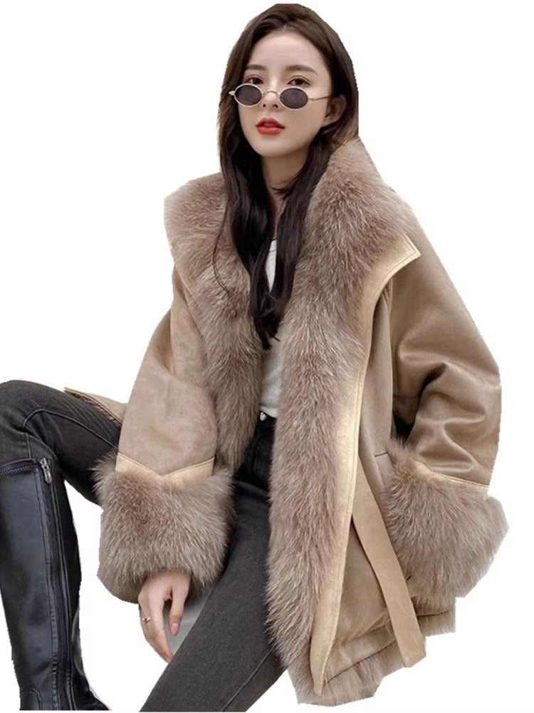 Elegant Fox Fur Grass Full Sleeve Patchwork Pockets Design High Street Coats