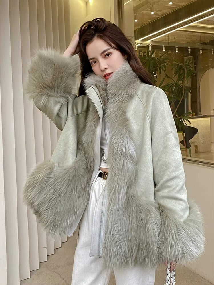 Elegant Fox Fur Grass Full Sleeve Patchwork Pockets Design High Street Coats
