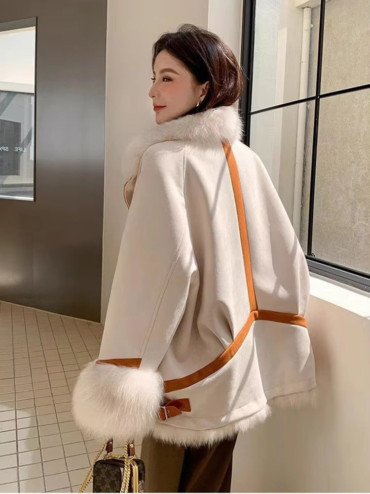 Elegant Fox Fur Grass Full Sleeve Patchwork Pockets Design High Street Coats
