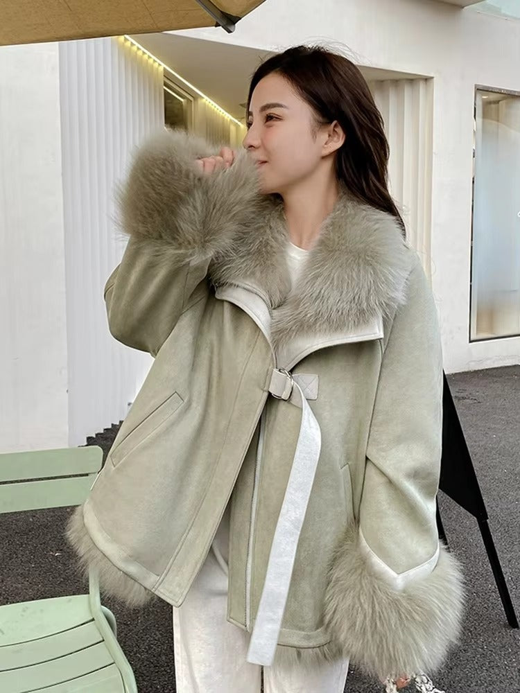 Elegant Fox Fur Grass Full Sleeve Patchwork Pockets Design High Street Coats
