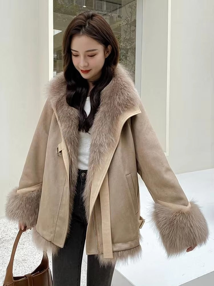 Elegant Fox Fur Grass Full Sleeve Patchwork Pockets Design High Street Coats