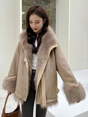 Elegant Fox Fur Grass Full Sleeve Patchwork Pockets Design High Street Coats