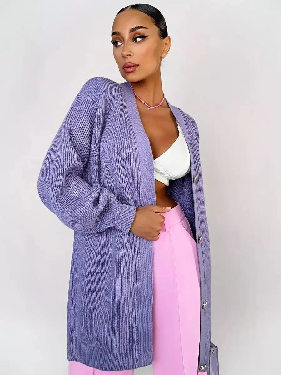 Elegant Front Button Polyester Long Sleeves V-Neck Cardigans Sweaters