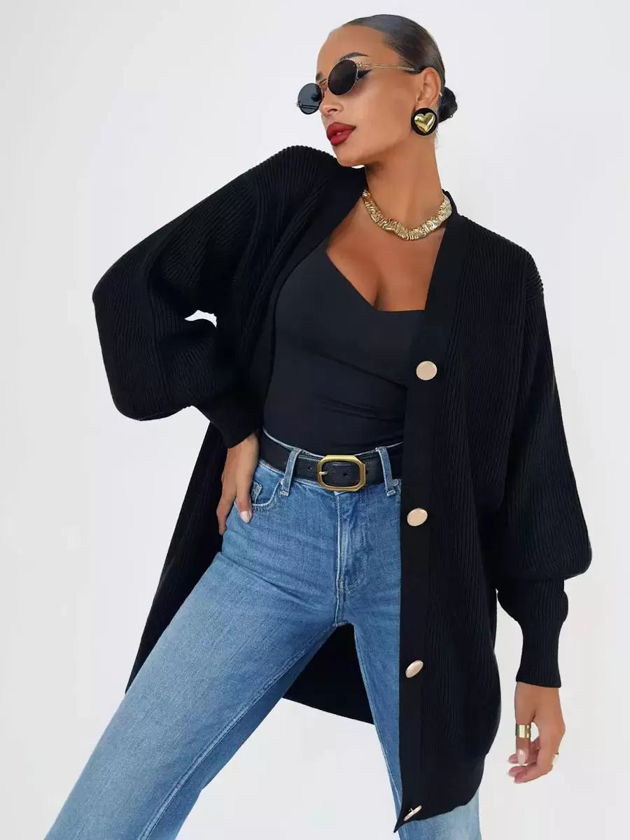Elegant Front Button Polyester Long Sleeves V-Neck Cardigans Sweaters