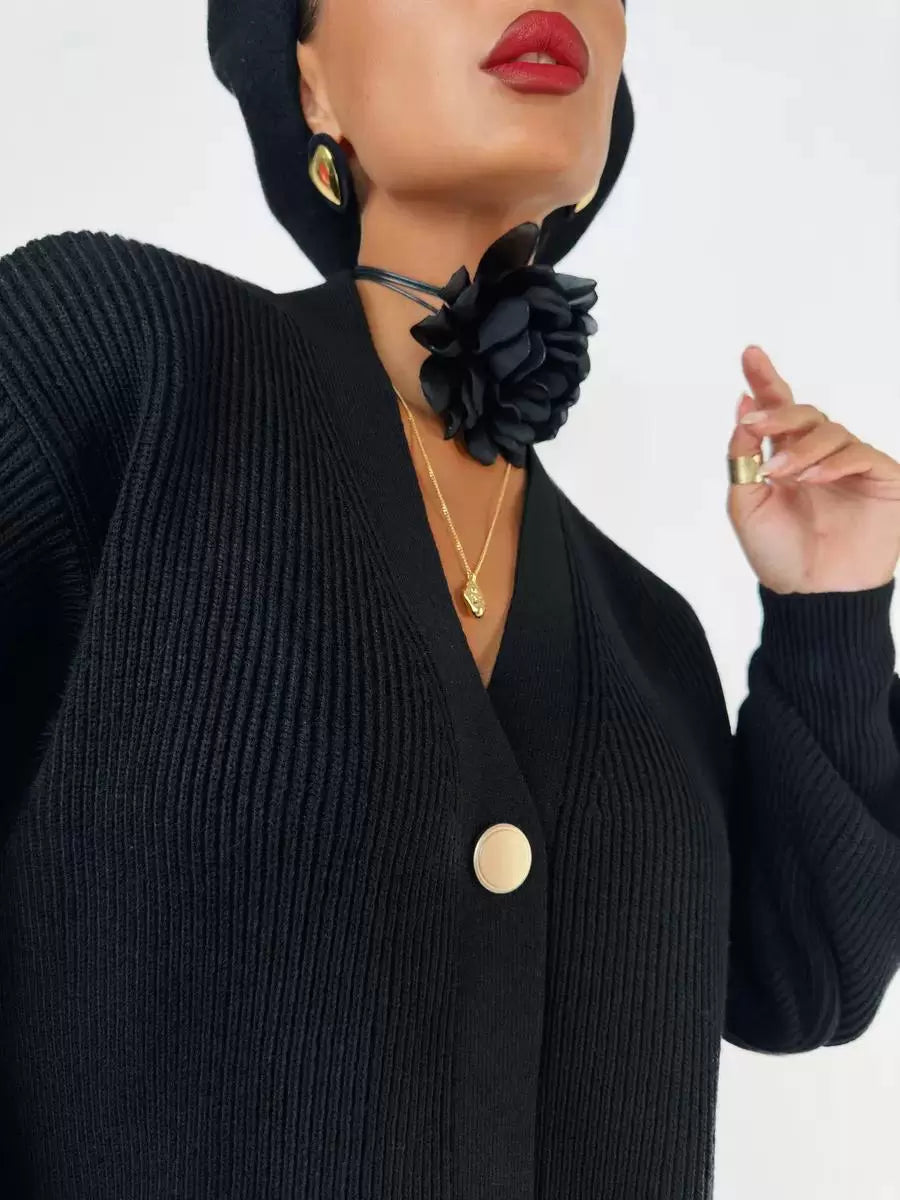Elegant Front Button Polyester Long Sleeves V-Neck Cardigans Sweaters