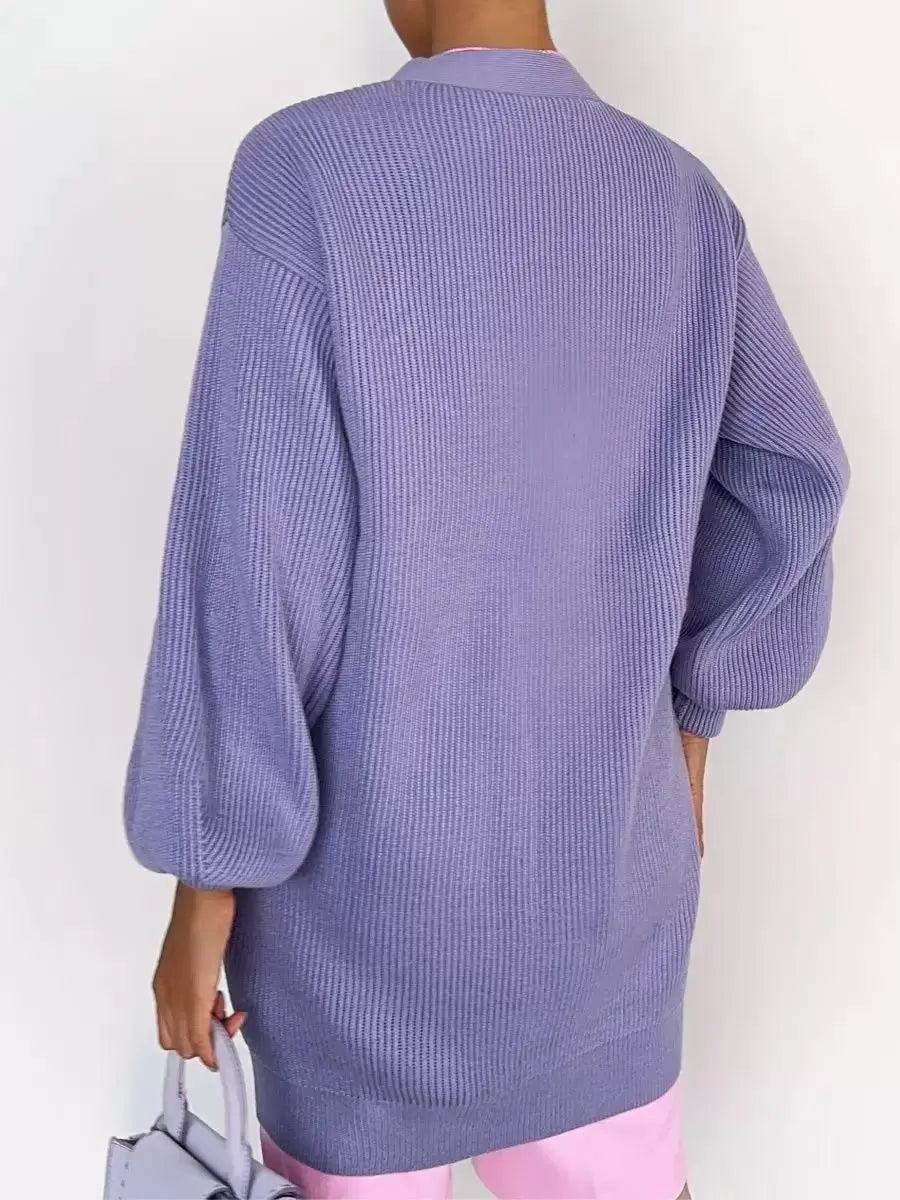 Elegant Front Button Polyester Long Sleeves V-Neck Cardigans Sweaters