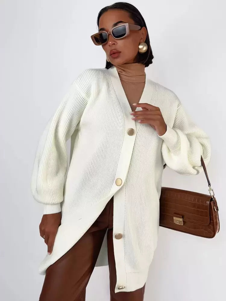 Elegant Front Button Polyester Long Sleeves V-Neck Cardigans Sweaters