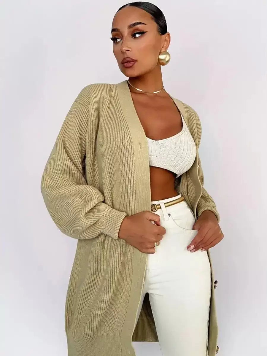 Elegant Front Button Polyester Long Sleeves V-Neck Cardigans Sweaters