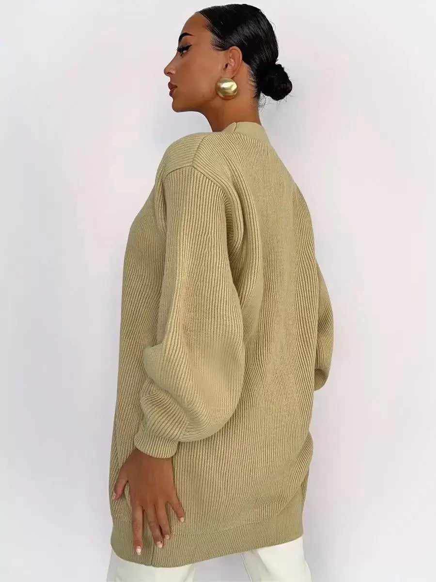 Elegant Front Button Polyester Long Sleeves V-Neck Cardigans Sweaters