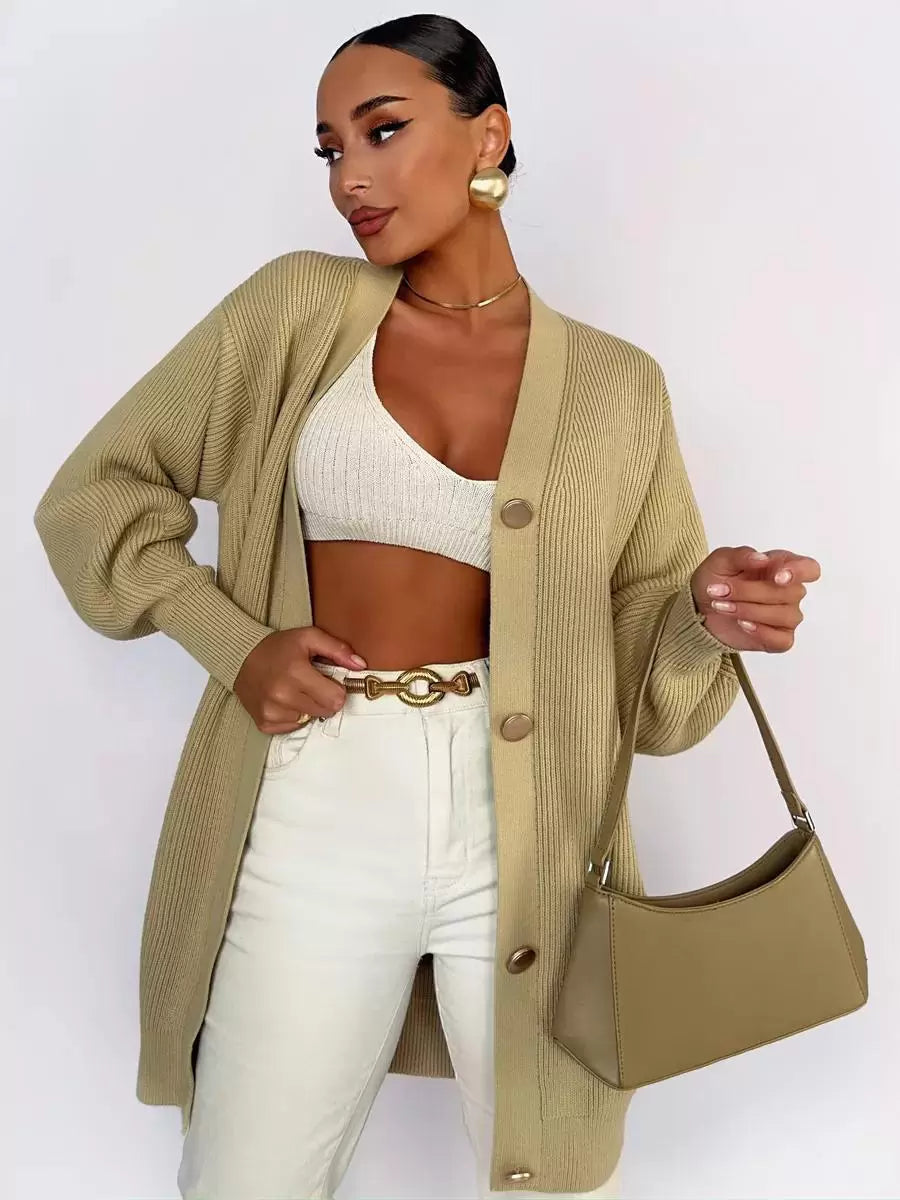 Elegant Front Button Polyester Long Sleeves V-Neck Cardigans Sweaters