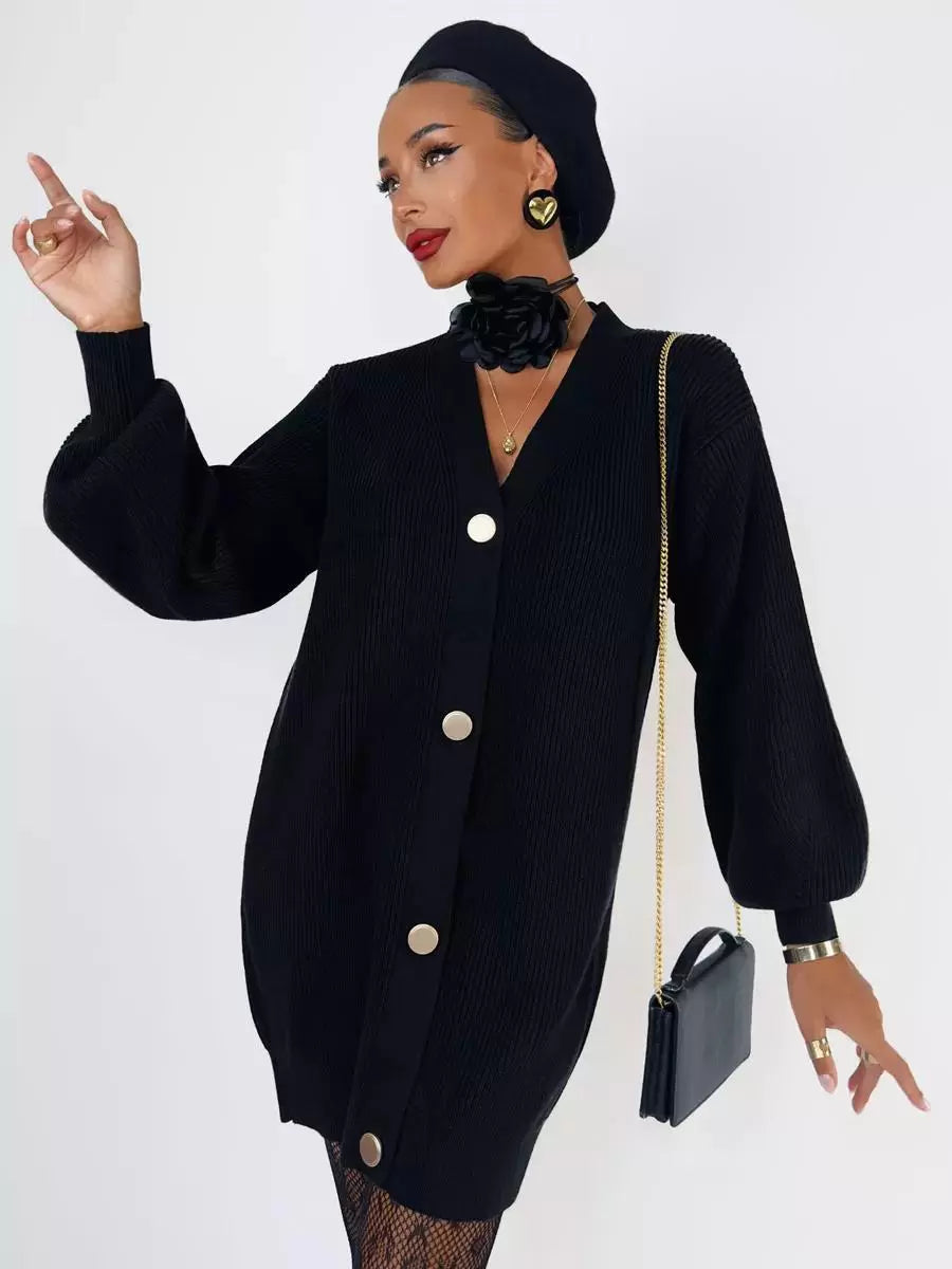 Elegant Front Button Polyester Long Sleeves V-Neck Cardigans Sweaters