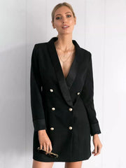 Elegant Front Button Double Breasted V-Neck Long Sleeve Office Blazer Dress