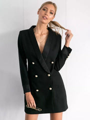 Elegant Front Button Double Breasted V-Neck Long Sleeve Office Blazer Dress