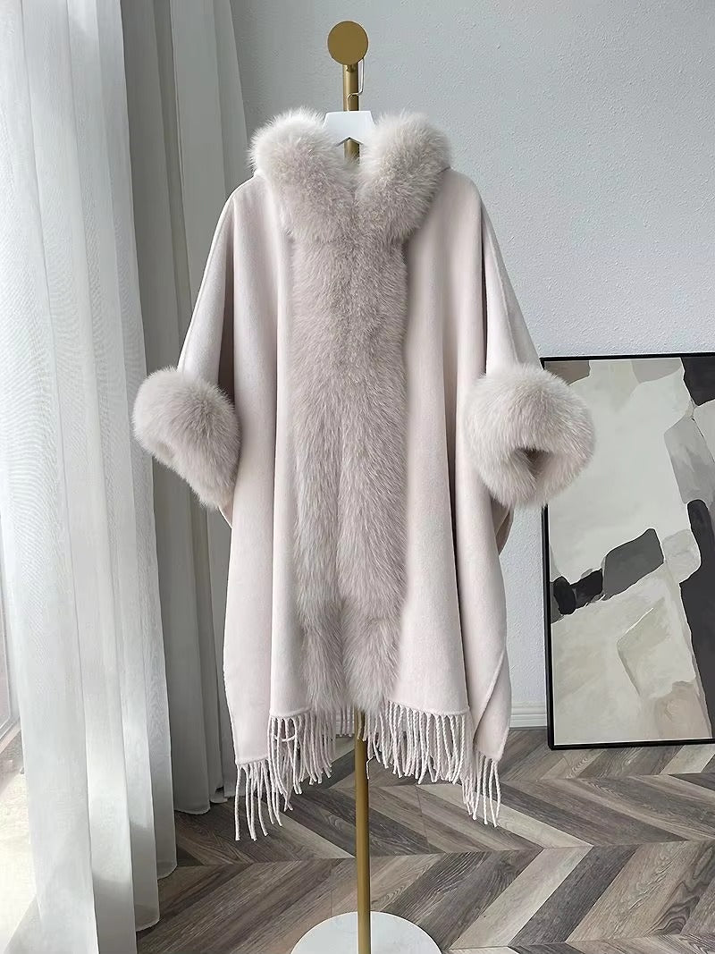 Elegant Fur Cape Thick Warm Poncho Shawl Cloak Loose Fit Mid-length Coats
