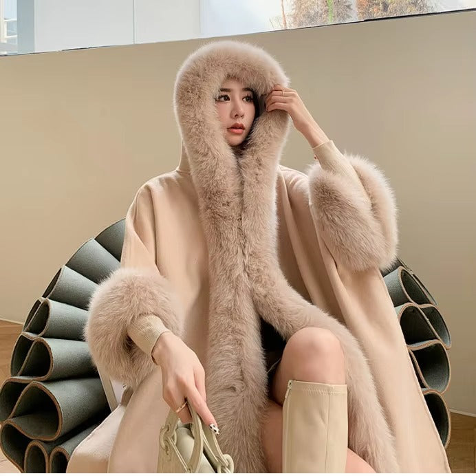 Elegant Fur Cape Thick Warm Poncho Shawl Cloak Loose Fit Mid-length Coats