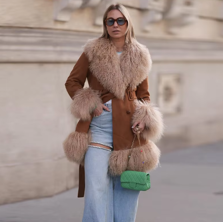 Elegant Fur Collar Coats With Belt Fully Cotton Lined High Street Outerwear Suede Jackets