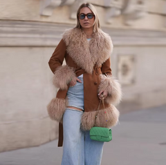 Elegant Fur Collar Coats With Belt Fully Cotton Lined High Street Outerwear Suede Jackets