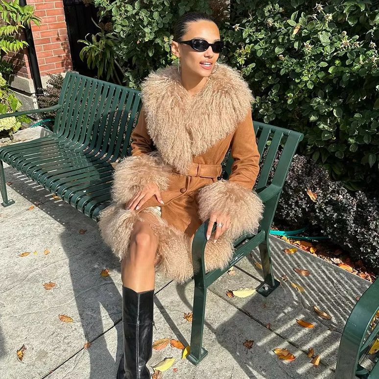 Elegant Fur Collar Coats With Belt Fully Cotton Lined High Street Outerwear Suede Jackets