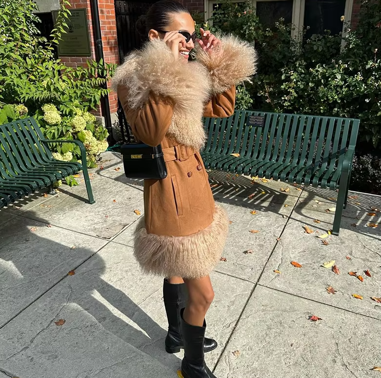 Elegant Fur Collar Coats With Belt Fully Cotton Lined High Street Outerwear Suede Jackets