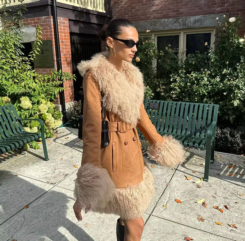 Elegant Fur Collar Coats With Belt Fully Cotton Lined High Street Outerwear Suede Jackets