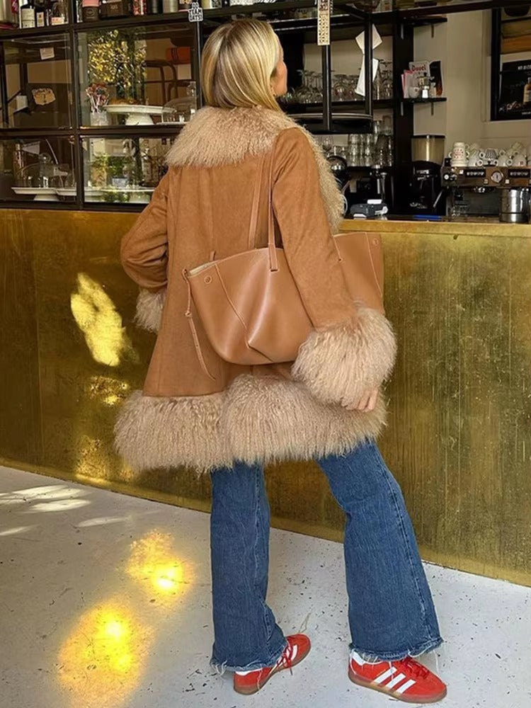 Elegant Fur Collar Coats With Belt Fully Cotton Lined High Street Outerwear Suede Jackets