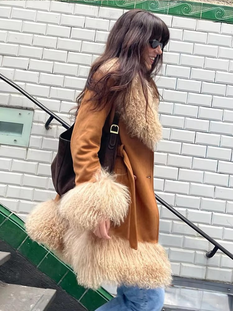 Elegant Fur Collar Coats With Belt Fully Cotton Lined High Street Outerwear Suede Jackets