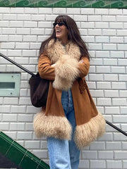 Elegant Fur Collar Coats With Belt Fully Cotton Lined High Street Outerwear Suede Jackets