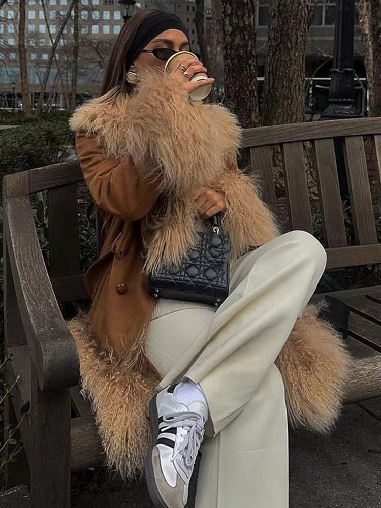 Elegant Fur Collar Coats With Belt Fully Cotton Lined High Street Outerwear Suede Jackets
