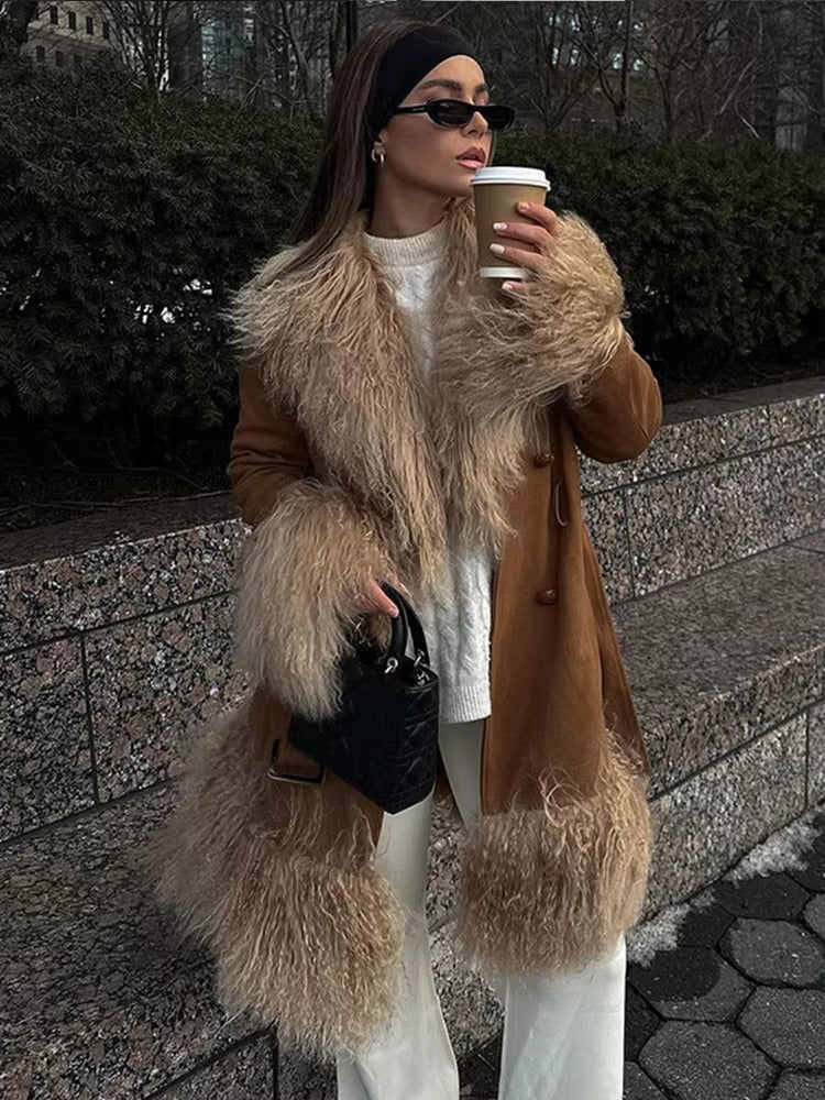 Elegant Fur Collar Coats With Belt Fully Cotton Lined High Street Outerwear Suede Jackets