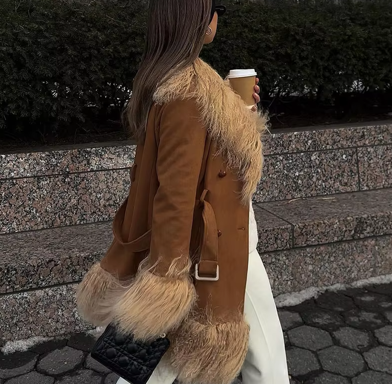 Elegant Fur Collar Coats With Belt Fully Cotton Lined High Street Outerwear Suede Jackets