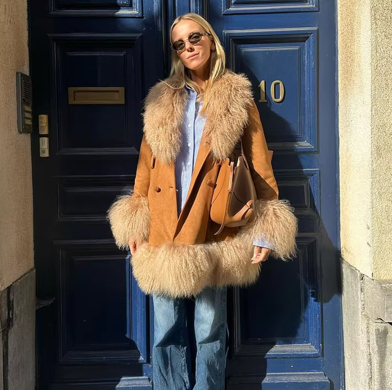 Elegant Fur Collar Coats With Belt Fully Cotton Lined High Street Outerwear Suede Jackets