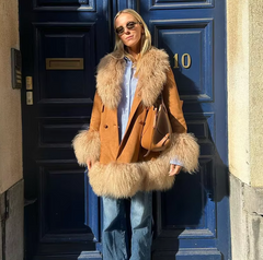 Elegant Fur Collar Coats With Belt Fully Cotton Lined High Street Outerwear Suede Jackets