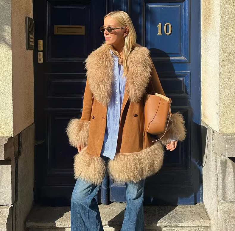 Elegant Fur Collar Coats With Belt Fully Cotton Lined High Street Outerwear Suede Jackets