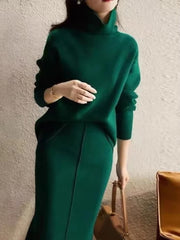 Elegant High Neck Knit Sets Loose Sweater Skirt Sets Dress
