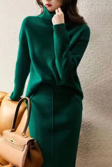 Elegant High Neck Knit Sets Loose Sweater Skirt Sets Dress