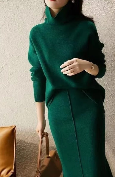 Elegant High Neck Knit Sets Loose Sweater Skirt Sets Dress