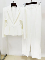 Elegant Hollow Out Single Button Blazer Slit Pants Designer Suit Set