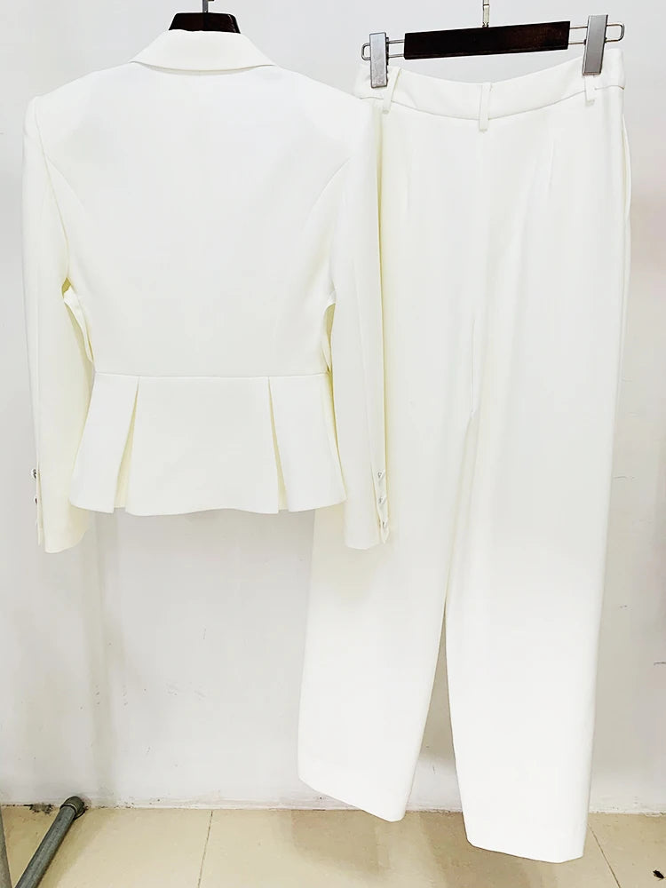 Elegant Hollow Out Single Button Blazer Slit Pants Designer Suit Set