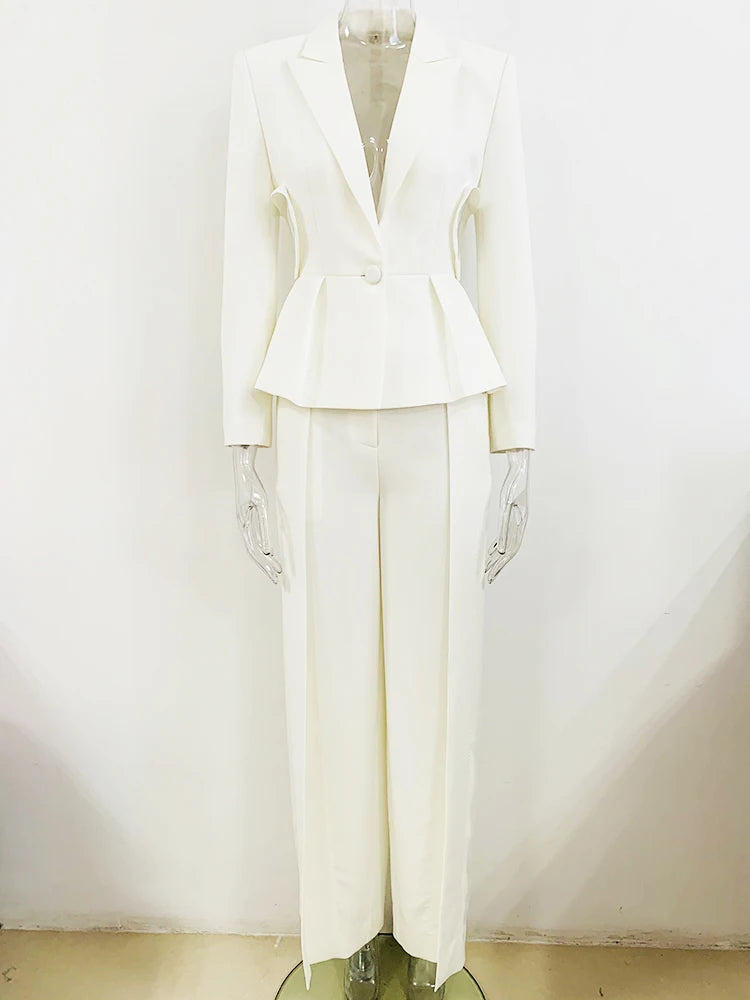 Elegant Hollow Out Single Button Blazer Slit Pants Designer Suit Set