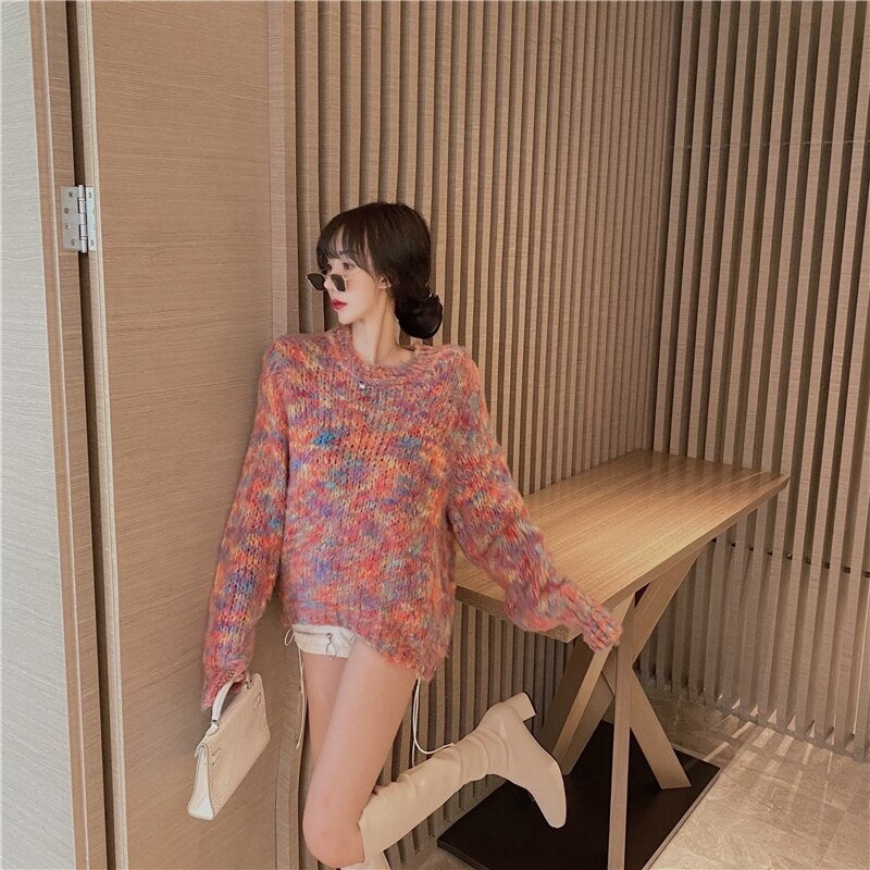Elegant Knit Long Sleeve Round Neck Loose Outer Wear Sweater