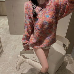 Elegant Knit Long Sleeve Round Neck Loose Outer Wear Sweater
