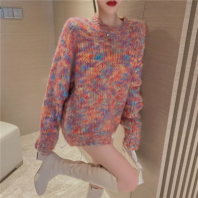 Elegant Knit Long Sleeve Round Neck Loose Outer Wear Sweater