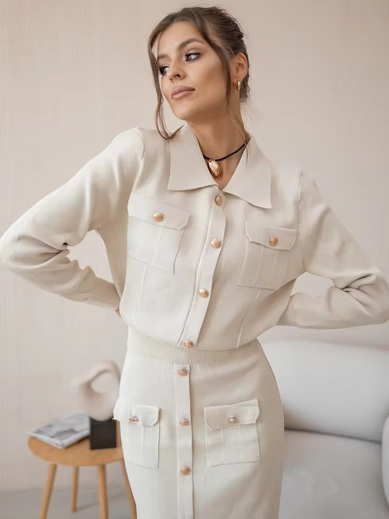 Elegant Knit Viscose Long Sleeve Blazer Skirt Two Piece Set