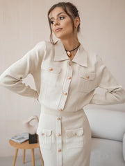 Elegant Knit Viscose Long Sleeve Blazer Skirt Two Piece Set