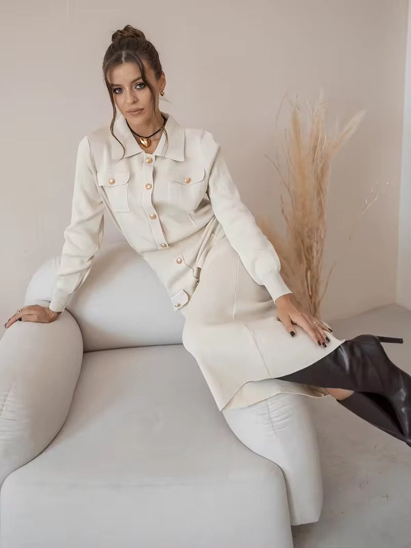 Elegant Knit Viscose Long Sleeve Blazer Skirt Two Piece Set