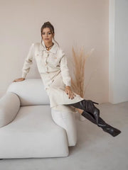 Elegant Knit Viscose Long Sleeve Blazer Skirt Two Piece Set