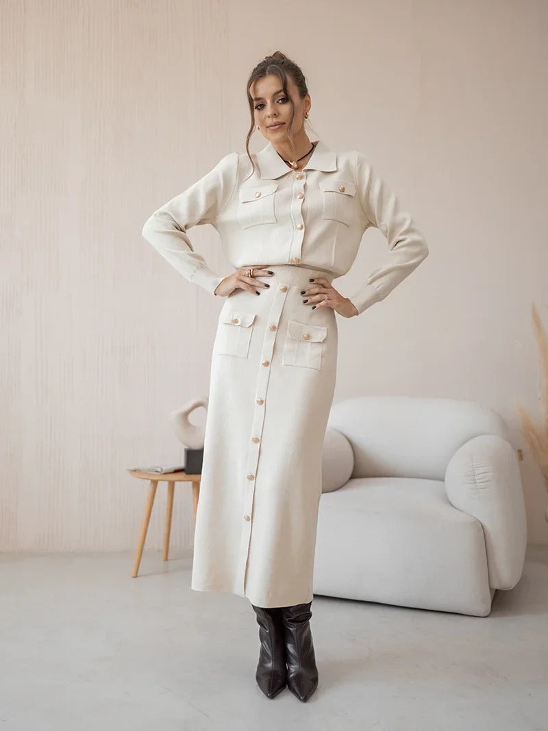 Elegant Knit Viscose Long Sleeve Blazer Skirt Two Piece Set